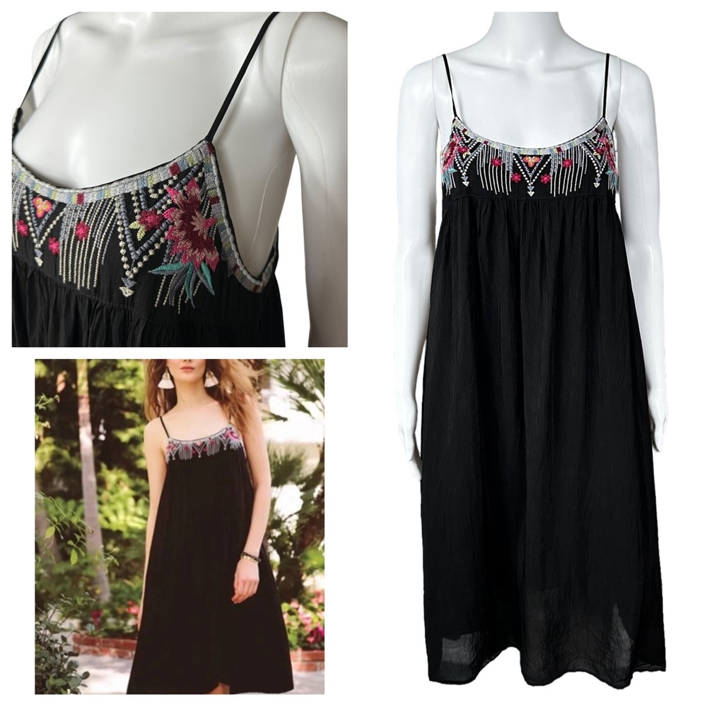 Johnny Was Black Midi Dress Sz Small Embroidered Babydoll Spaghetti Straps Lined
